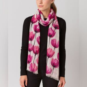 Talbots 100% Silk Floral Scarf Pink White Watercolor Print Lightweight Wrap